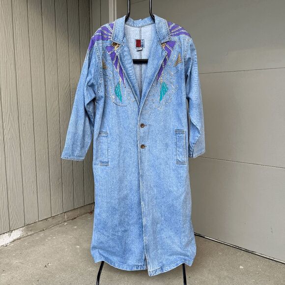 1980s Sunbelt Denim Trench Coat with Sparkly Puff Paint Embellishments M/L - Picture 1 of 9